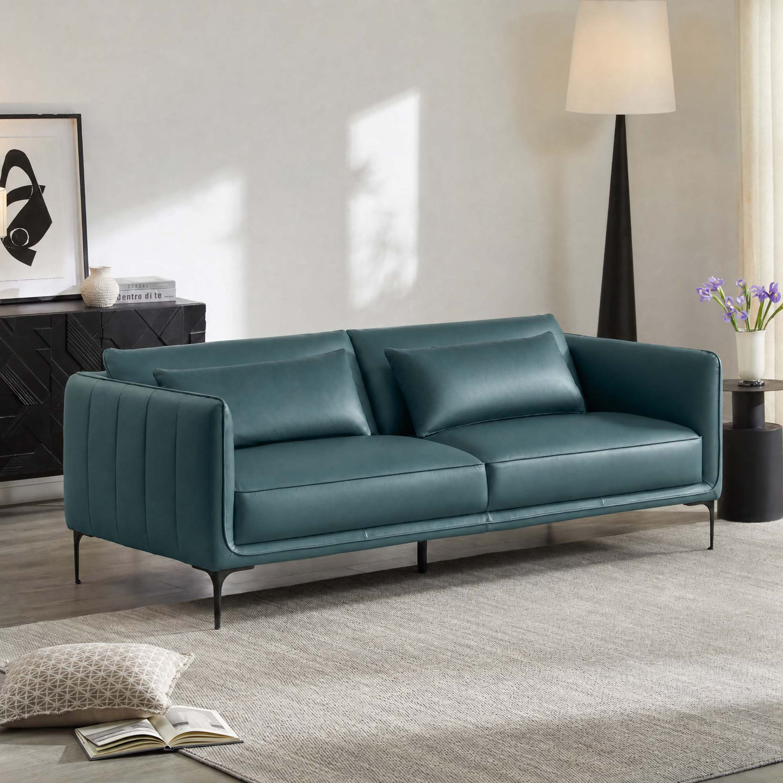 Rae Upholstered Sofa, Florida Teal Genuine Leather