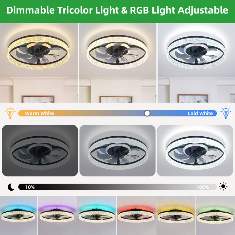 RGB Ceiling Fan With Lights, 19" Fandelier Low Profile Ceiling Fan, 3000K-6000K Dimmable & RGB Modern Flush Mount LED Ceiling Fan Light With Remote Control For Bedroom