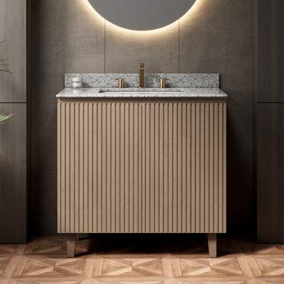 Meuble-lavabo de salle de bain 30/36/48 po avec lavabo, armoire autoportante à motif de bois cannelé, comptoir en granit naturel et lavabo encastré en céramique, chêne ancien