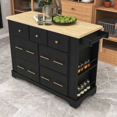 Classic Wooden Kitchen Cart with Drop-Leaf Countertop, Spacious Storage and Built-In Charging Station