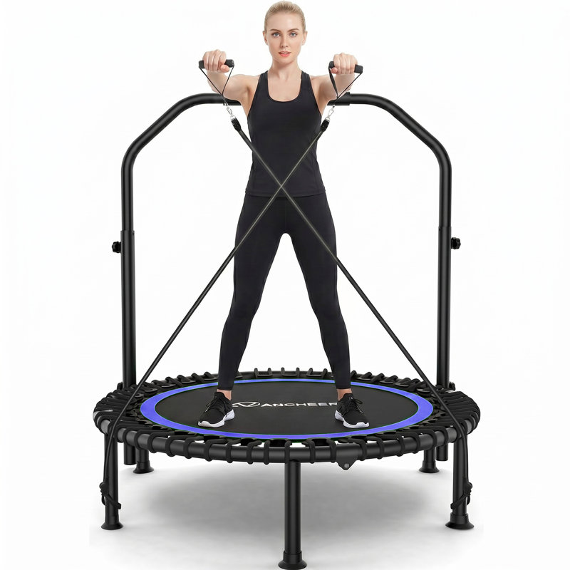 40" Foldable Mini Trampoline,Max Load 450Lbs Indoor Trampoline,With 4 Level Adjustable Foam Handle And Resistance Bands,Adult Exercise Trampoline For Home, Garden, And Gym