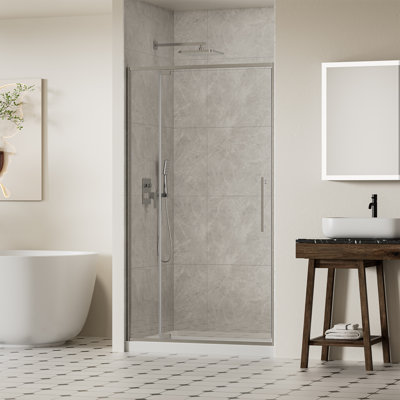 Porte de douche pivotante à cadre 38 x 42 po x H 74 po avec porte pivotante en verre trempé de 5/16 po (8 mm), finition chromée, installation réversible