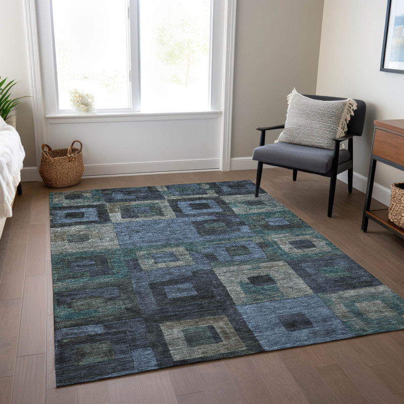 Machine Washable Blue Geometric Indoor/Outdoor Rug