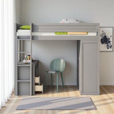 Lit mezzanine en bois avec placards et bureau à 2 tiroirs avec armoire