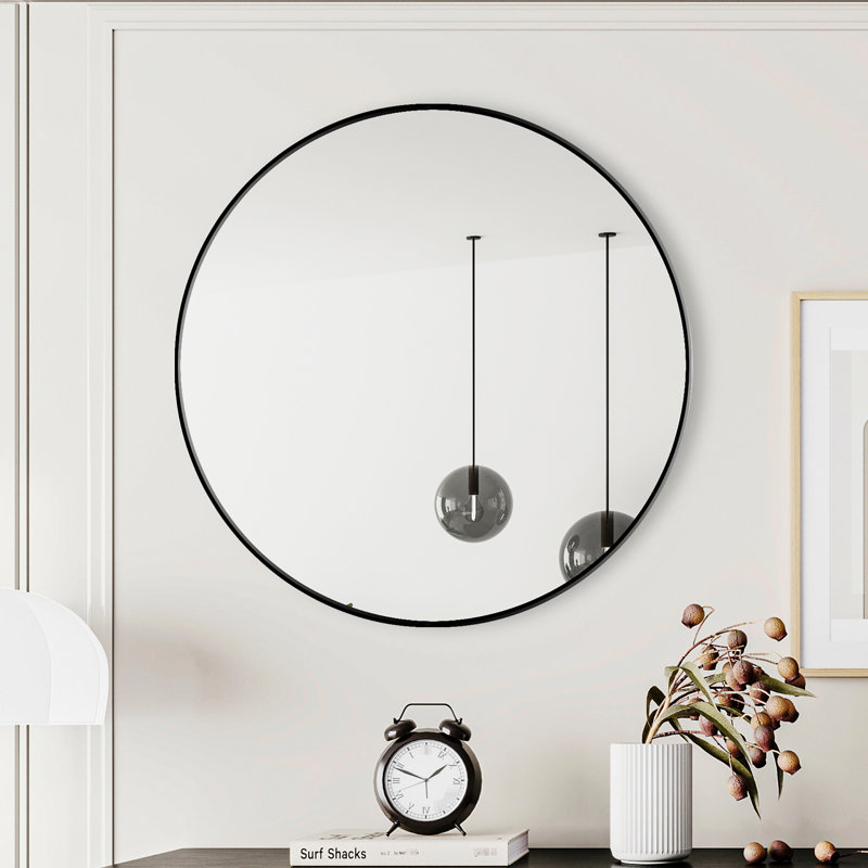 Miroir mural noir 28 pouces avec cadre en métal pour chambre à coucher et fixation murale, 28 po x 28 po, Noir