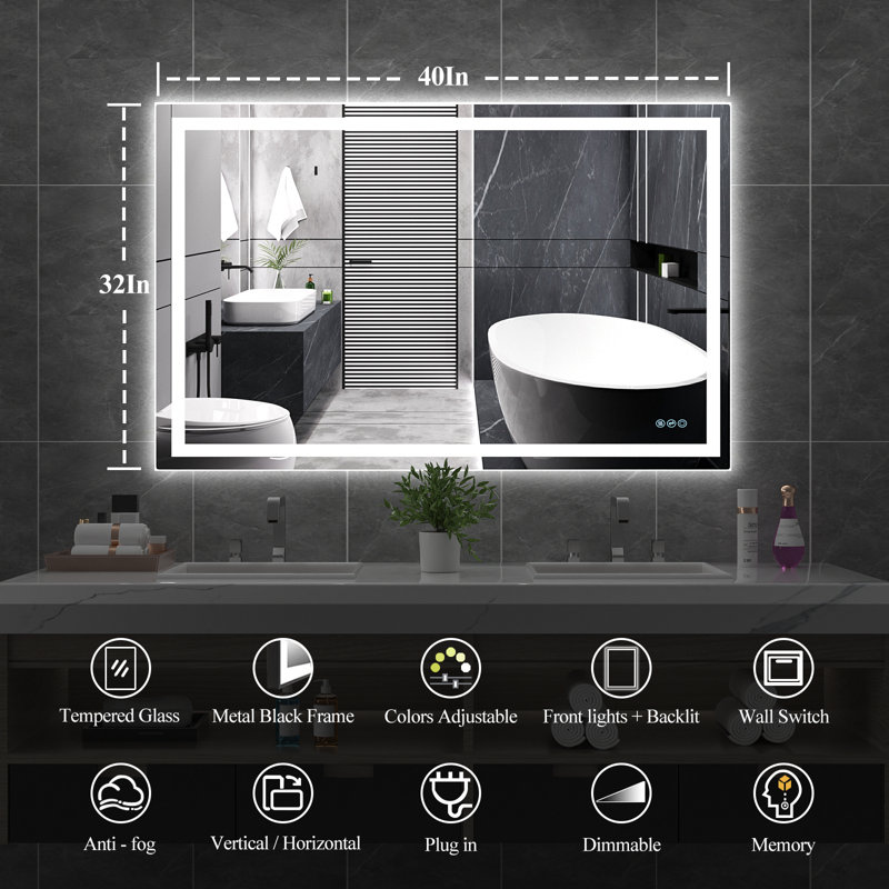 Kernie 40‘’x32‘’ Frameless LED 3 Color Lighting Bathroom / Vanity Mirror, Memory Function, Anti-fog