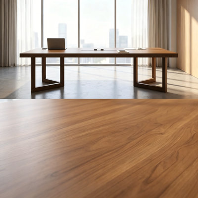 Rectangular solid wood conference table with built-in mobile power outlets, suitable for home offices and meeting rooms.