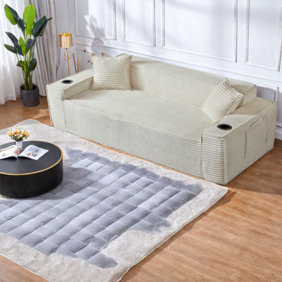 Compression Sofas, 80.7 Inch White Corduroy Modern Couch For Compact Home