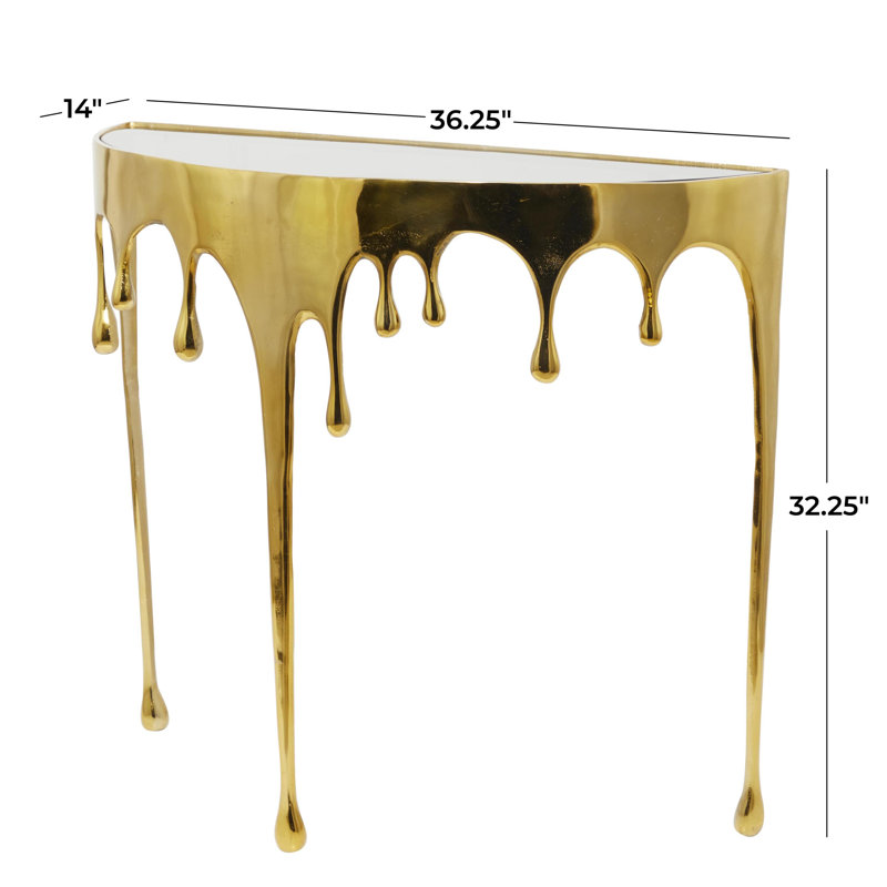 Moderna Aluminum Metal Abstract Crescent Drip Living Room Console Table with Melting Designed Legs and Shaded Glass Top, Gold