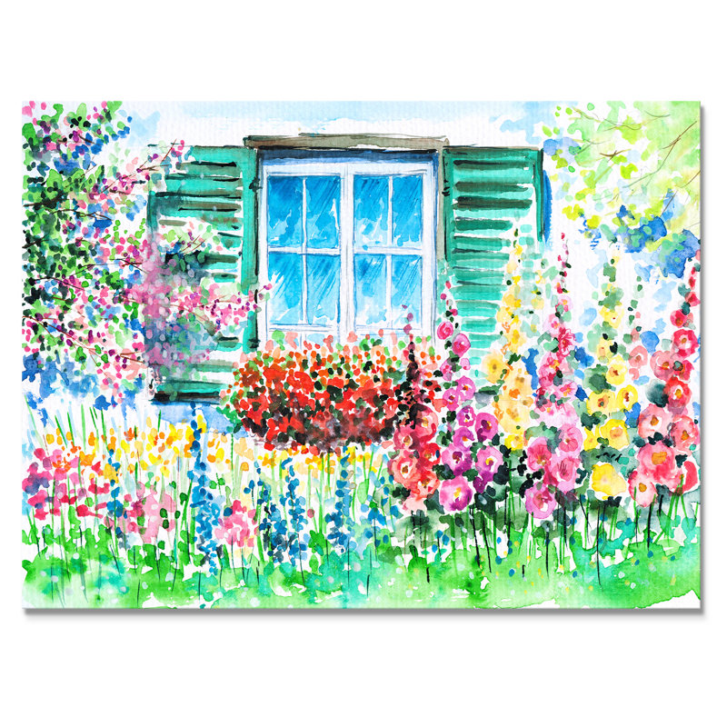 Géranium rouge devant une fenêtre bleue - peinture sur toile, H 34 po x l 44 po x P 1,5 po, Toile tendue