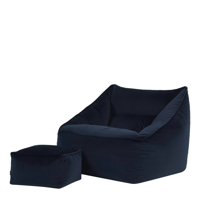 Bean Bag Bazaar Natalia Velvet Armchair Bean Bag and Square Footstool, Midnight Blue