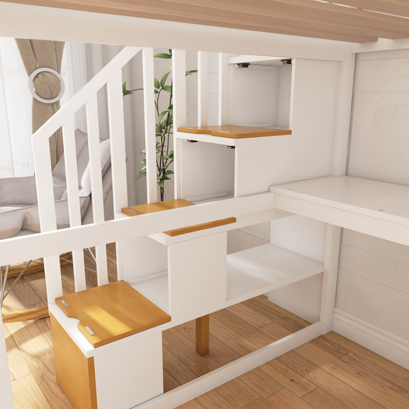 Lit mezzanine double avec bureau et tablettes, deux tiroirs intégrés, escalier de rangement, Gris