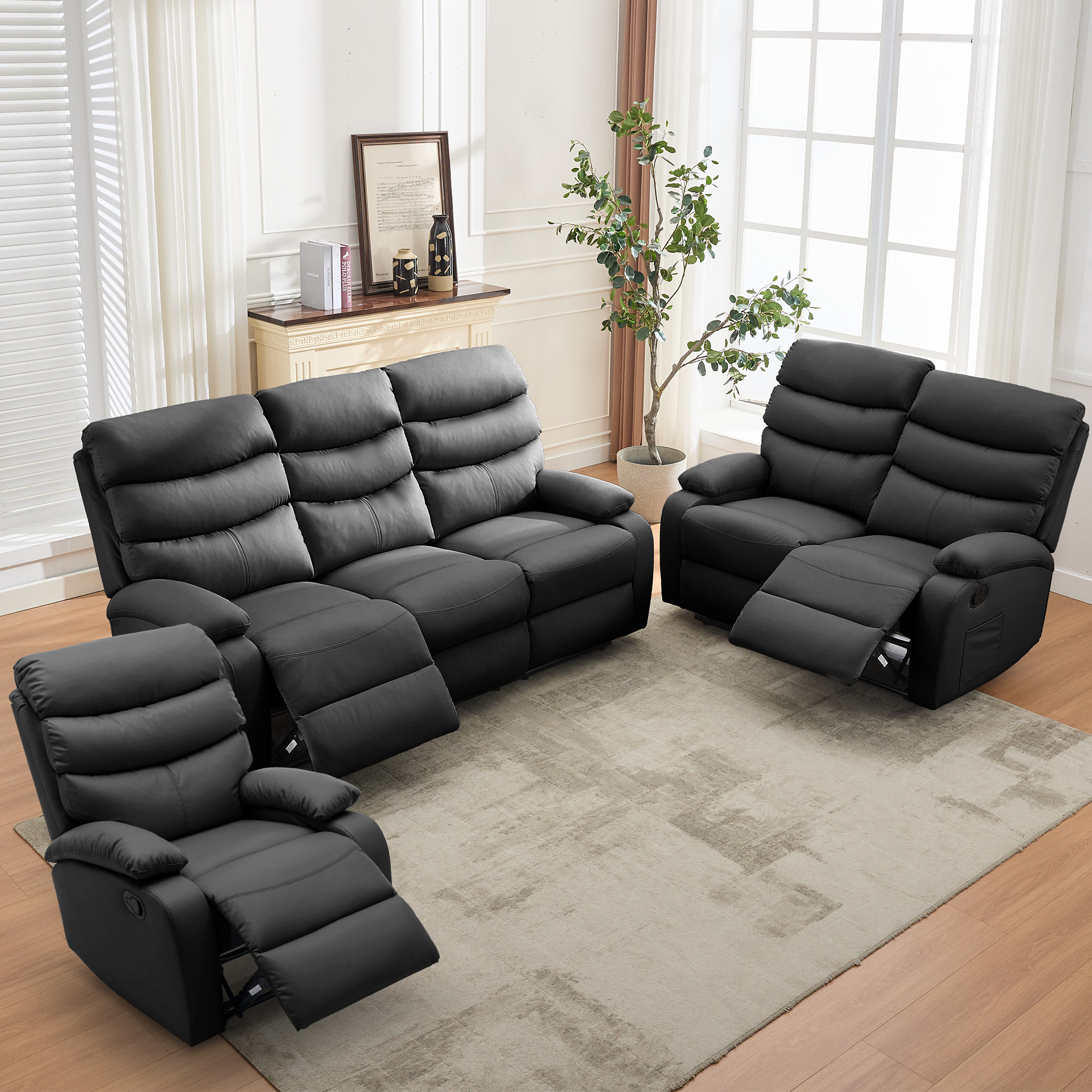 Latitude Run® 3-piece Faux Leather Rediner Sofa Set,modern Manual ...