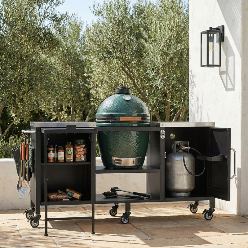 Large Grill Table For Big Green Egg, Outdoor Kitchen Island With Fold-Out Prep Table, Adjustable Shelves, And Spice Rack, Ideal For Outdoor Cooking And Entertaining.