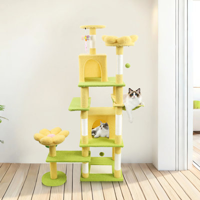 71" Yellow Floral - Designed Cat Tree With Removable Cushion, 8 Level Climbing And A Large For Multiple Cats' Fun 71", Tree, Charming Flower Design, Stable Structure, Big , Play