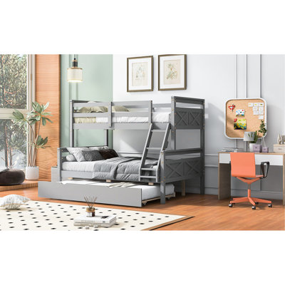 Twin Over Full Bunk Bed With Gray Trundle, & Durability Strong , Trundle Stable