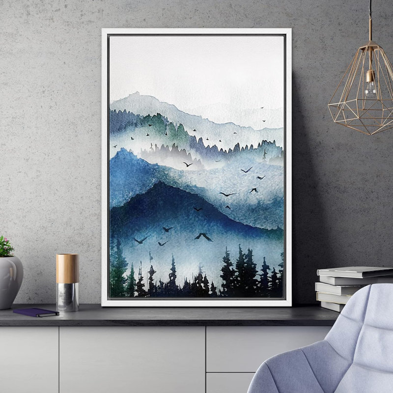 Paysage de forêt boisée «Watercolor Winter Mist Mountain Forest» sur toile, Cadre flottant blanc, H 24 po x l 16 po