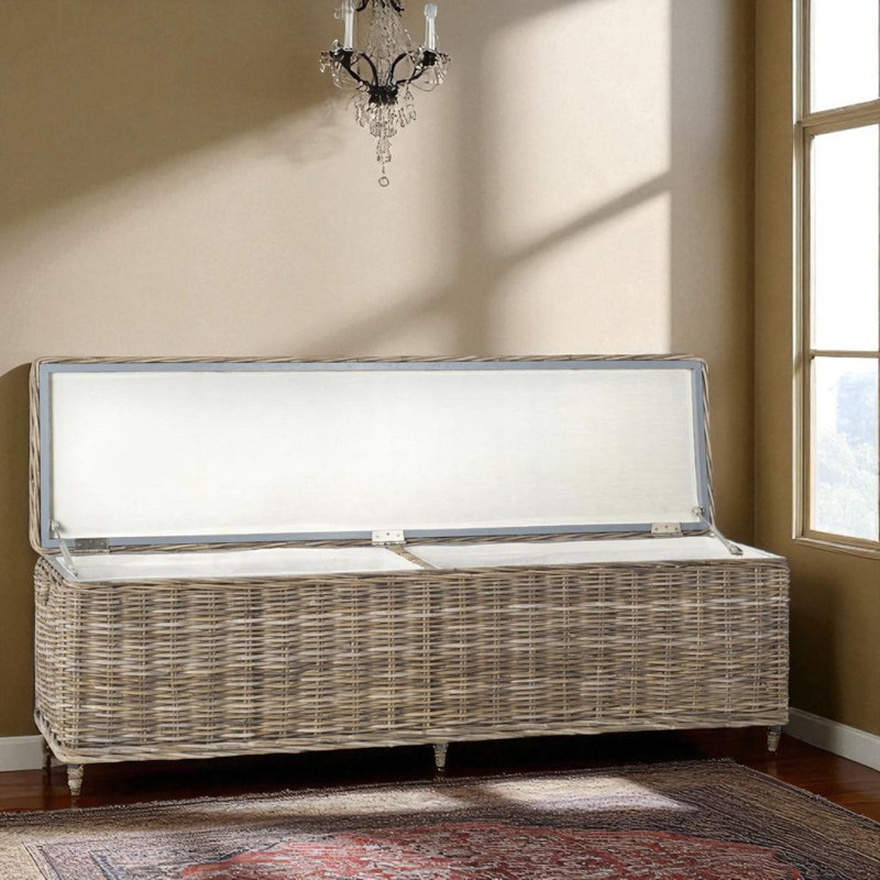 63''W Rustic Storage Bench, Stylish Natural Grey Rattan Bench with Handle for Stowing Blanket & More