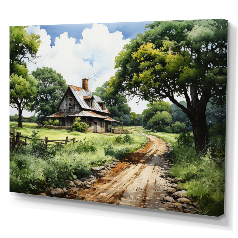 Farmhouse Natures Embrace Pointillism - impression, H 24 po x l 32 po x P 1 po, Toile tendue