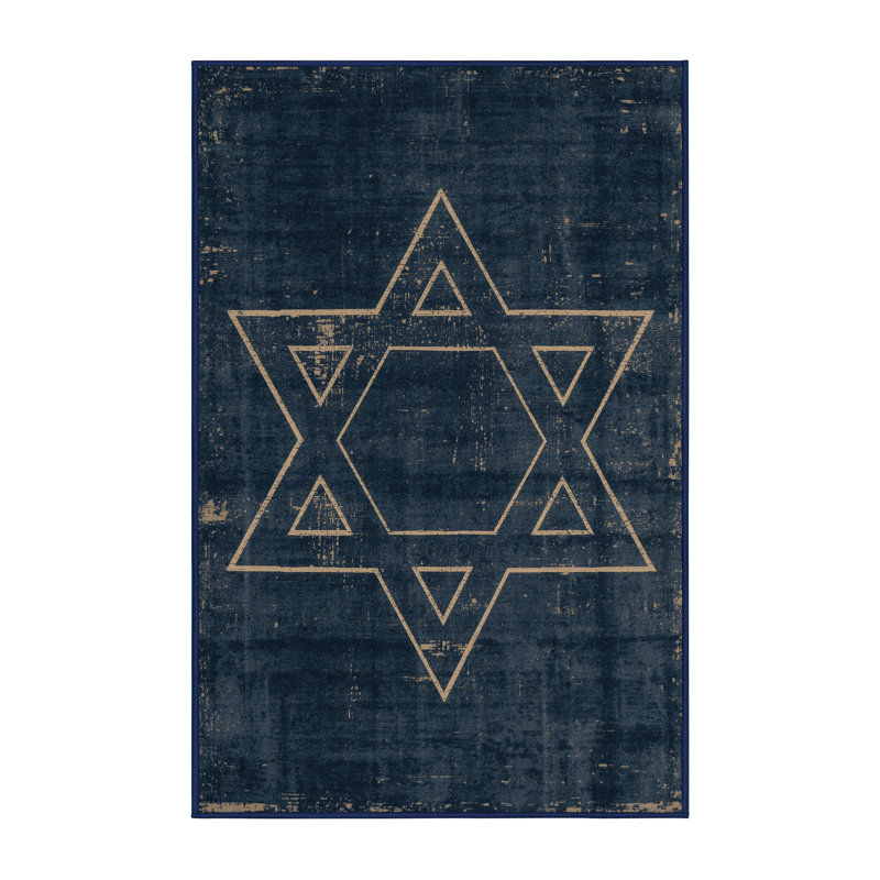 Soft Plush Fellman Hanukkah Modern & Contemporary Abstract Area Rug in Gray – Navy Binding, 8x12