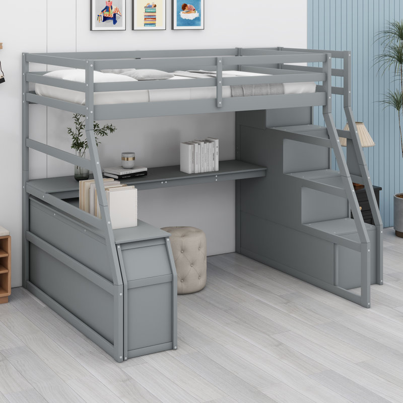 Lit mezzanine avec 7 tiroirs, 2 tablettes et un bureau, gris, Lit double
