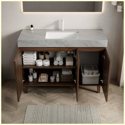 Meuble-lavabo autoportant de 48 po avec lavabo, comptoir en pierre frittée de couleur gris Carrara et lavabo en céramique, armoire à grain de bois en noyer, 1 trou de robinet pré-percé