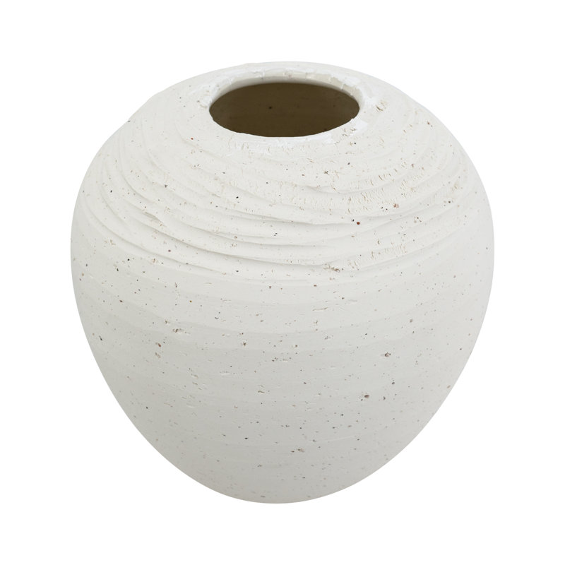 Round Hand-Pulled Ceramic Vase With Speckled White Finish, 6.8" H x 7.3" W x 7.3" D