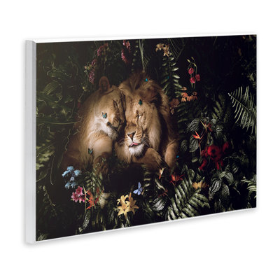 «Cuddling Lions parmi feuilles», art mural sur bois par Reinders