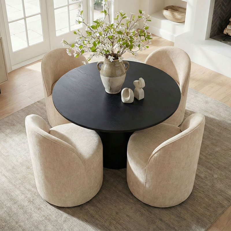 Ensemble de table de salle à manger pour 4 personnes avec table ronde et 4 chaises rembourrées en tissu, Brun clair pâle