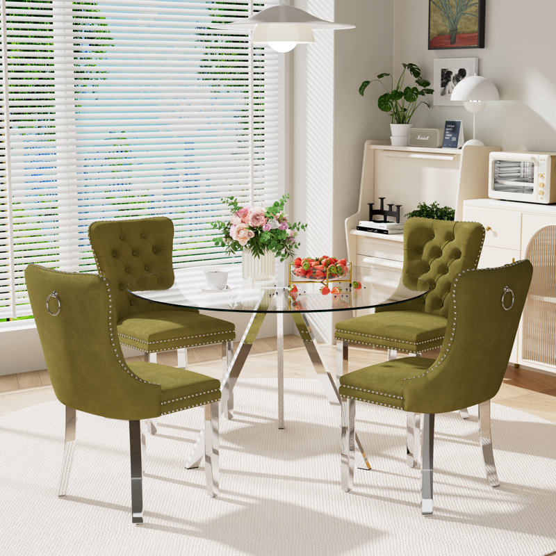 Round Dining Table Set for 4, Olive Green, 30" H x 47" W x 47" D