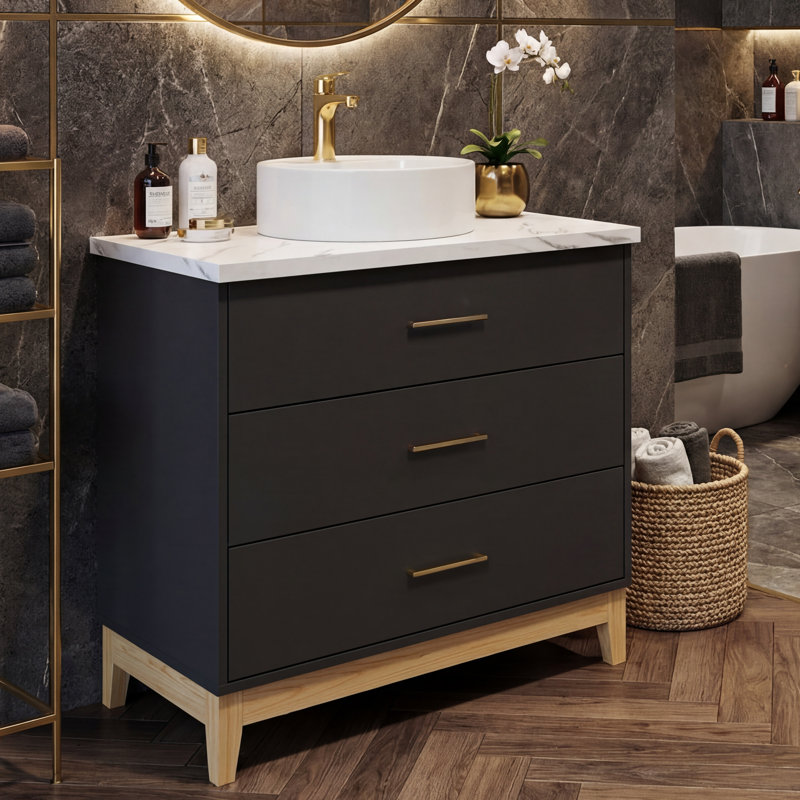 Elevate Your Bathroom With This Modern Vanity That Blends Style, Function, And Everyday Durability. Featuring A Sleek Marble-Look Countertop Paired With A Round Cultured Stone Vessel Sink, This Piece Brings A Clean, Upscale Feel To Any Space. The Solid W
