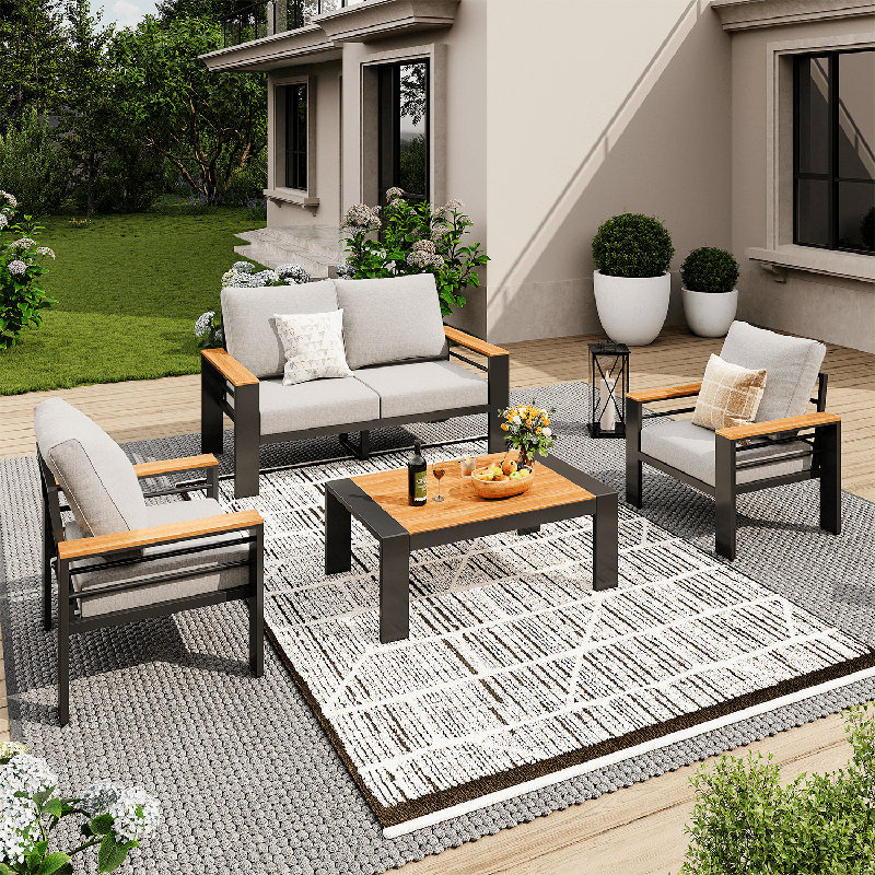 Outdoor Couch Aluminum Patio Furniture Sofa, 4 - Person Seating Group With Cushions, 4 Piece Conversation Sets With Removable Cushion