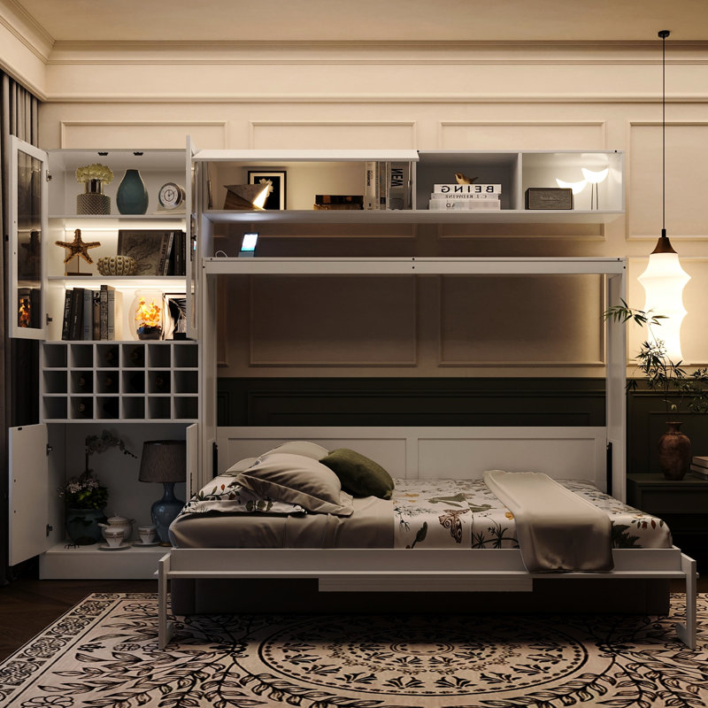 Lit double en blanc avec tablettes inclus - idéal pour les petits appartements, les chambres confortables et peu encombrantes