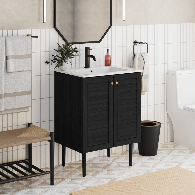 Meuble-lavabo autoportant 24 po en chêne noir avec comptoir Bron, Trou unique, Blanc, Chêne noir