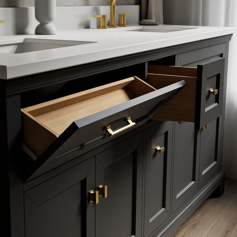 Charlemont 60 In. Bathroom Vanity Cabinet With Sinks And Quartz Top, Brushed Brass, Dark Warm Gray