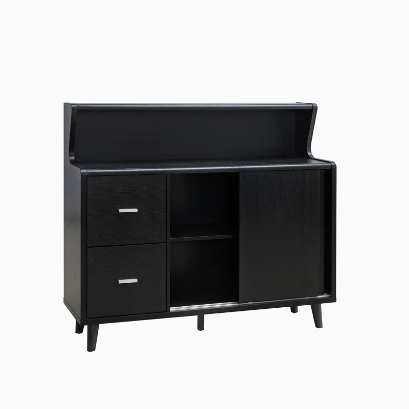 Buffet, bar avec compartiments de rangement, deux tiroirs, étagère avec porte coulissante, noir