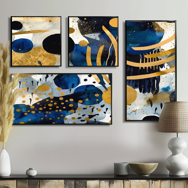 Motif abstrait avec textures bleues - art mural moderne bleu 4 pièces, Noir, Impression encadrée sans passe-partout