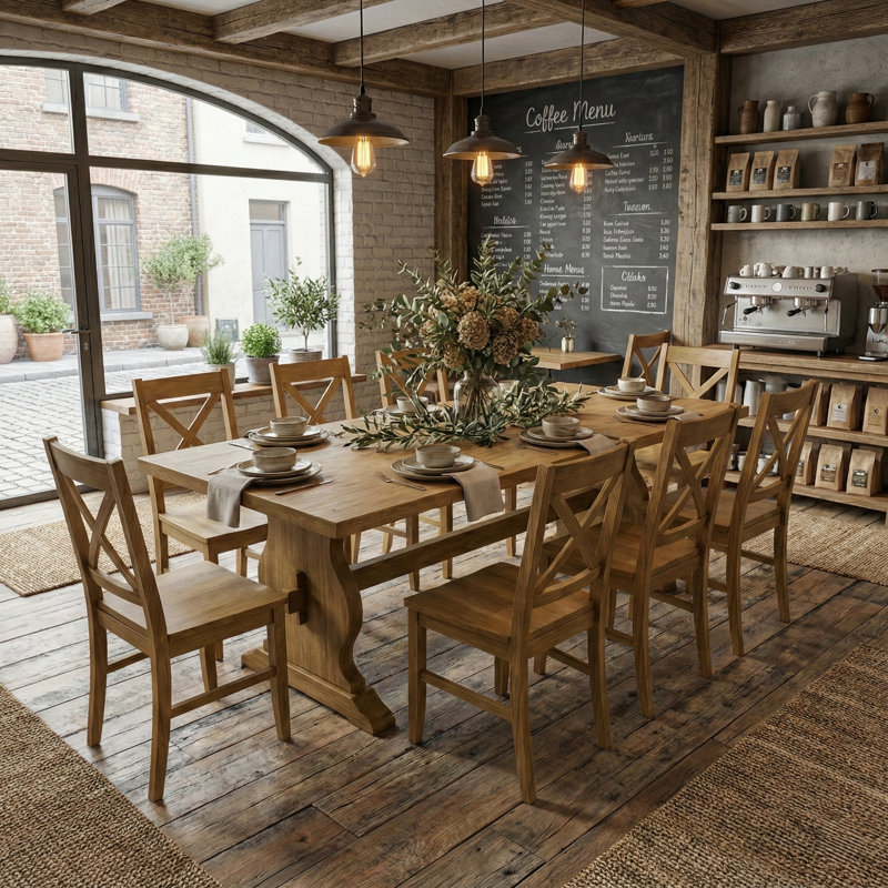 Almeda Traditional 70.8" Rectangular Dining Table Set, 9 Pieces: Table, 8 Chairs, Light Yellow Wood