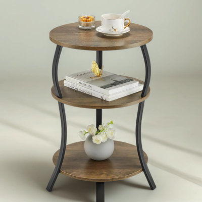 3-Tier Round Side Table With Storage Shelves, Vintage Wood Grain End Table For Living Room And Bedroom, Sturdy Metal Frame Accent Table