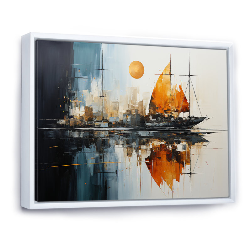 «Moonlight Saiboat Collage Horizon III - Bateau à voile, art mural», Cadre flottant blanc, H 34 po x l 44 po x P 1,5 po