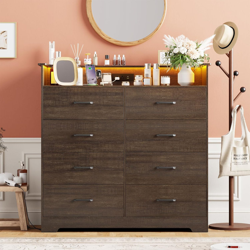 8 Drawer Dresser-47.2''Wide Double Chest of Drawers with LED Light and Charging Station, Modern Large Cabinet Organizer with Open Shelf for Living Room, Entryway, Hallway, Rustic Brown(2-Parcel Sent)