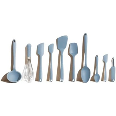 Ensemble de 10 spatules et ustensiles de cuisine en silicone - Couleur ardoise - Résistant à la chaleur jusqu'à 220 °C - Compatible lave-vaisselle - Comprend une louche, un fouet, un éplucheur de pommes de terre et des cuillères de cuisine