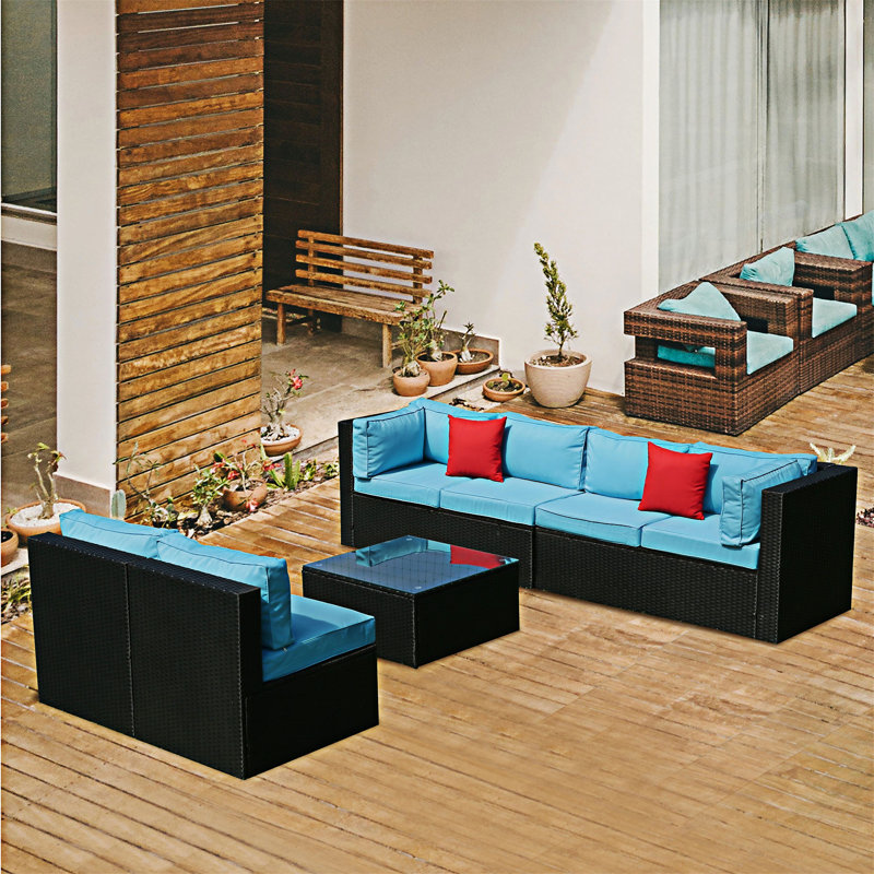 Ensemble de canapé modulaire d'extérieur 5 pièces 5 pièces, Coussin bleu / cadre noir