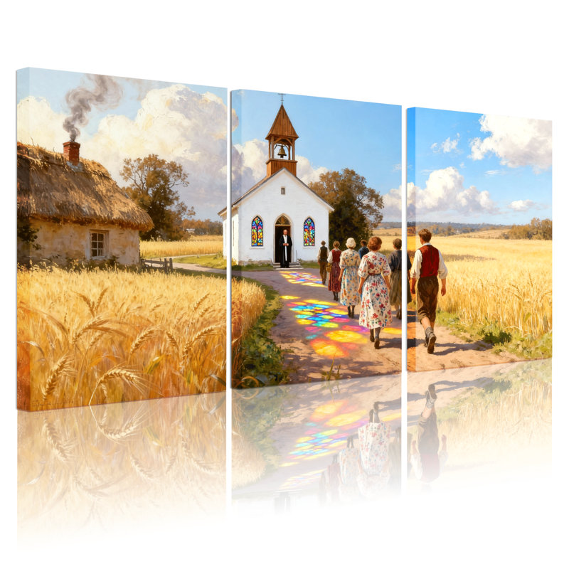 «Scenic & Cityscapes Church Path Golden Fields People Walking», ensemble de 3 impressions sur toile, H 30 po x l 60 po