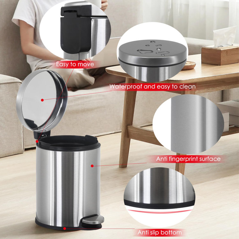 Silver Stainless Steel Round Pedal Trash Can for Indoor Use