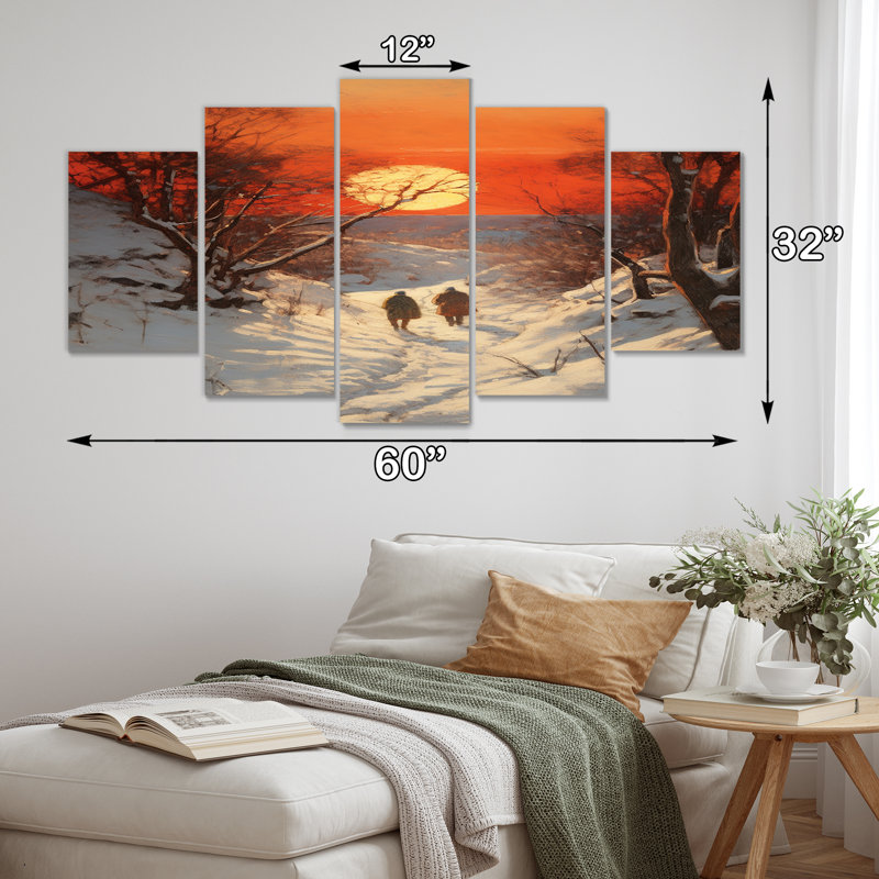 Coucher de soleil sur la forêt d'hiver - Art mural forêt 5 pièces, H 32 po x l 60 po