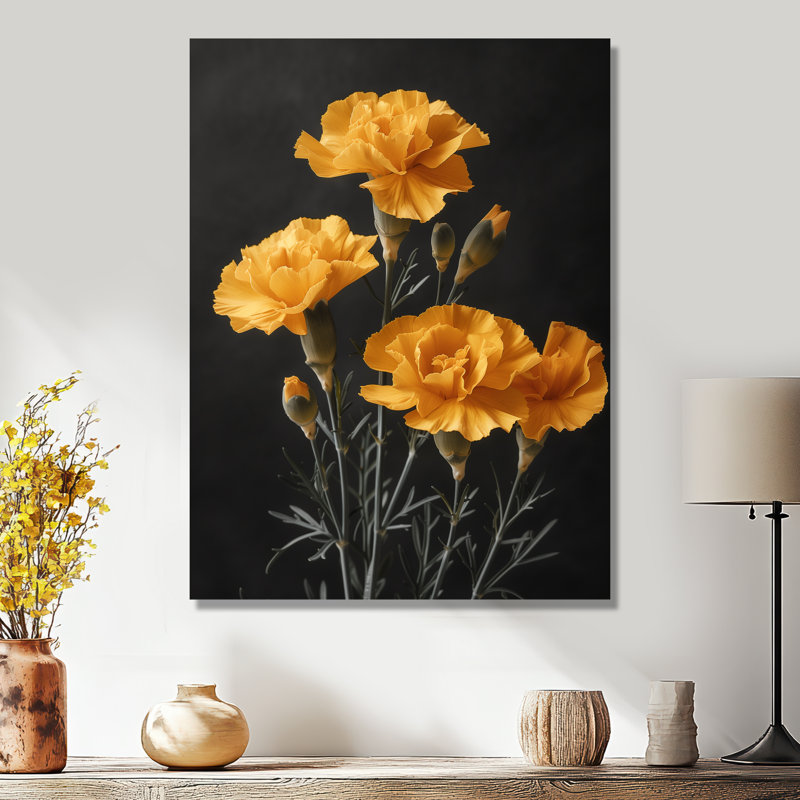 Monochromes jaunes noirs avec œillets Bloom II - œillets, art mural dans le salon, Métal métal, H 32 po x l 24 po