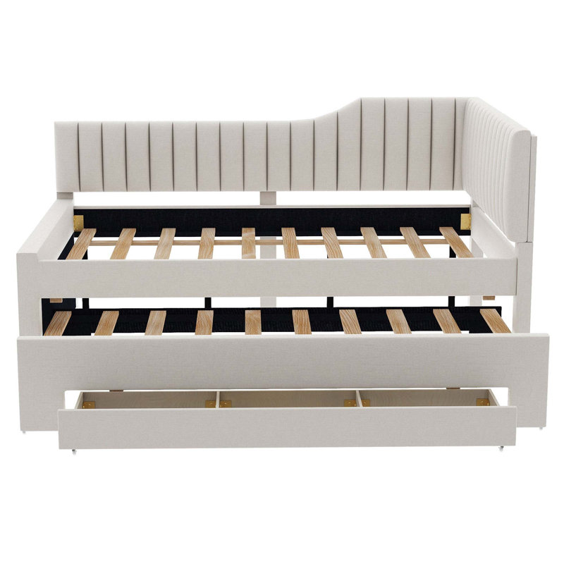 Upholstered Daybed With Trundle And Three Drawers, Beige, Full/Double