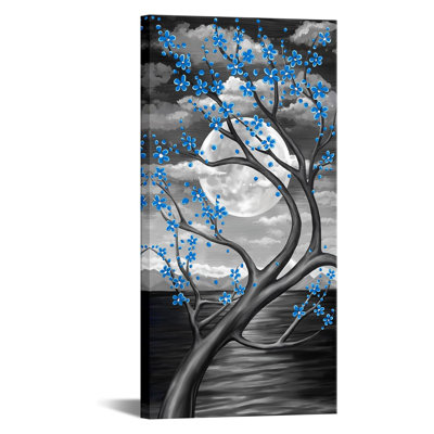 Blue Flower Tree Wall Art For Bedroom Cherry Blossom Tree In Full Moon Night Landscape Canvas Prints Artwork For Home Wall Decoration Ready To Hang Vertical 20X40inch (Blue)