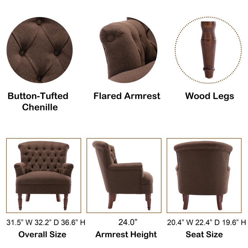 31.5" Wide Tufted Chenille Armchair, Brown